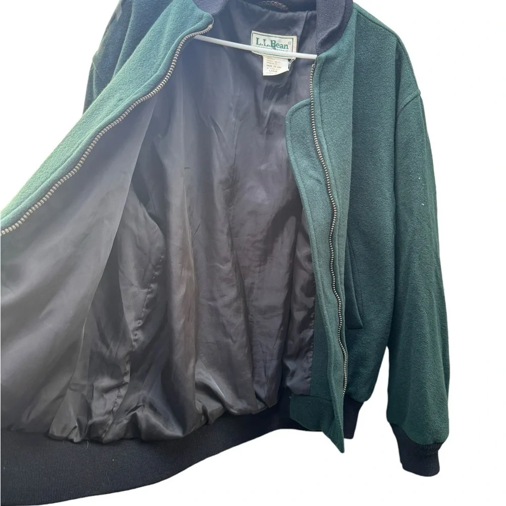 Vtg L.L. Bean 100% Wool Bomber Jacket Spruce Green Full Zip Lined USA Large